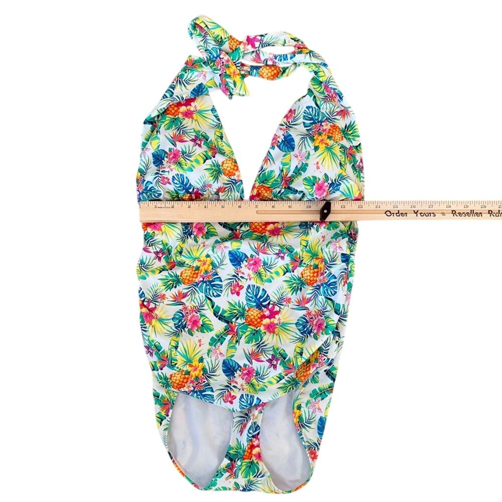 Firpearl White Tropical Pineapple Palm Halter Pin Up One Piece Swimsuit Size 12 - Picture 9 of 9